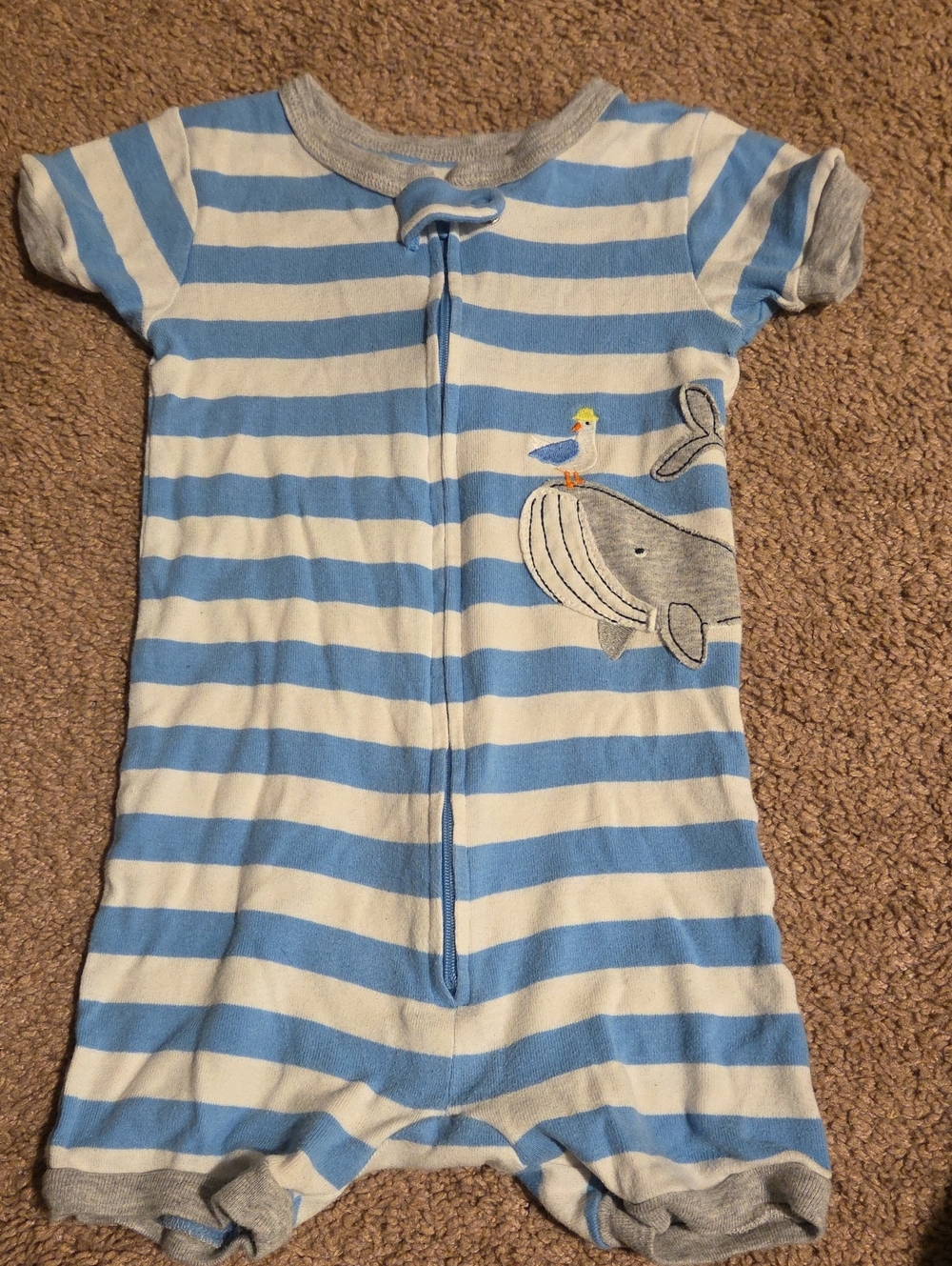 Carter's Blue & White Striped Short-Sleeve Pajama Romper with Whale Applique